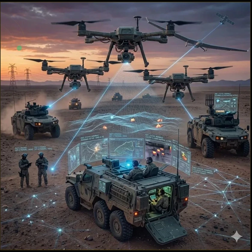 Illustrative battlespace integration concept showing connected UGVs, UAVs, sensors, operators and command systems.